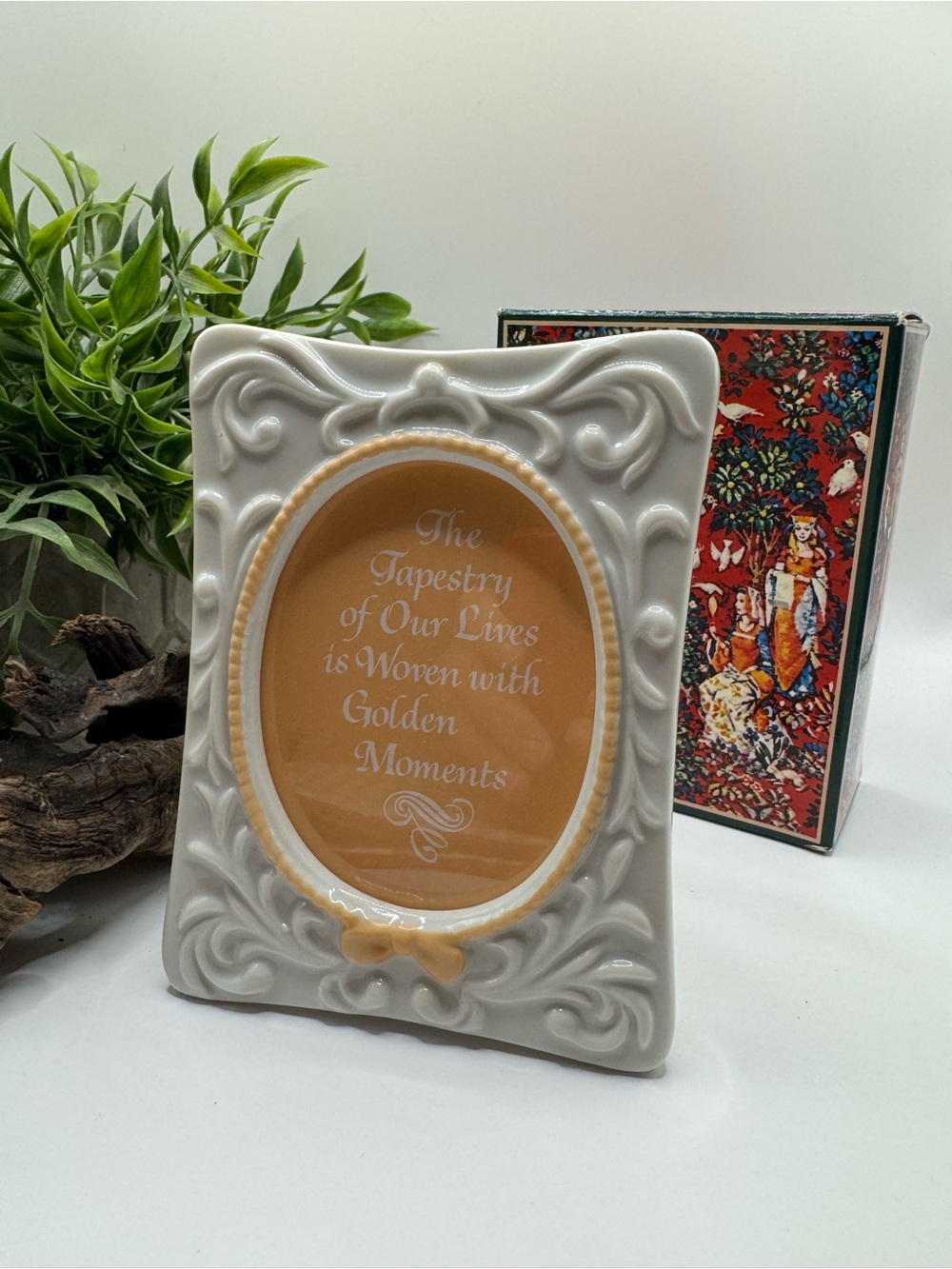 Avon Tapestry Collection porcelain picture frame in original box, NOS circa 1981
